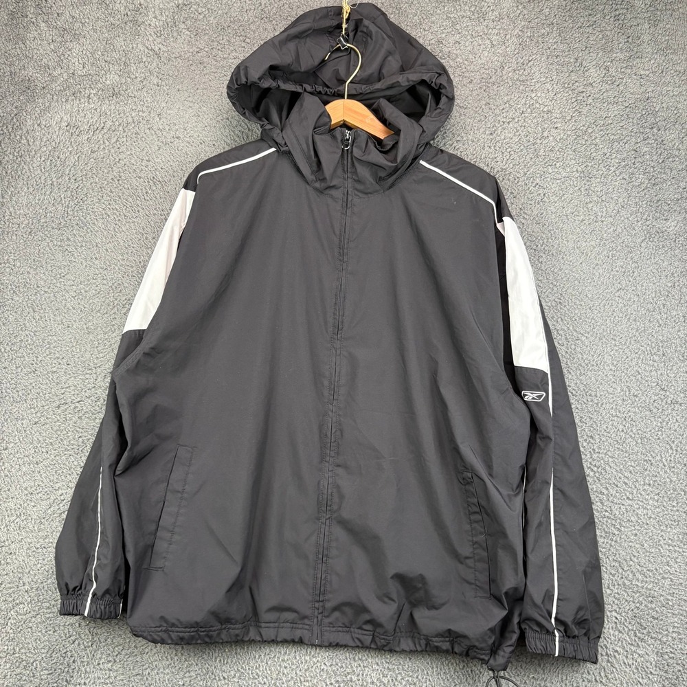Reebok Mens Hooded Windbreaker Jacket Black White Full Zip Mesh Lined Size M